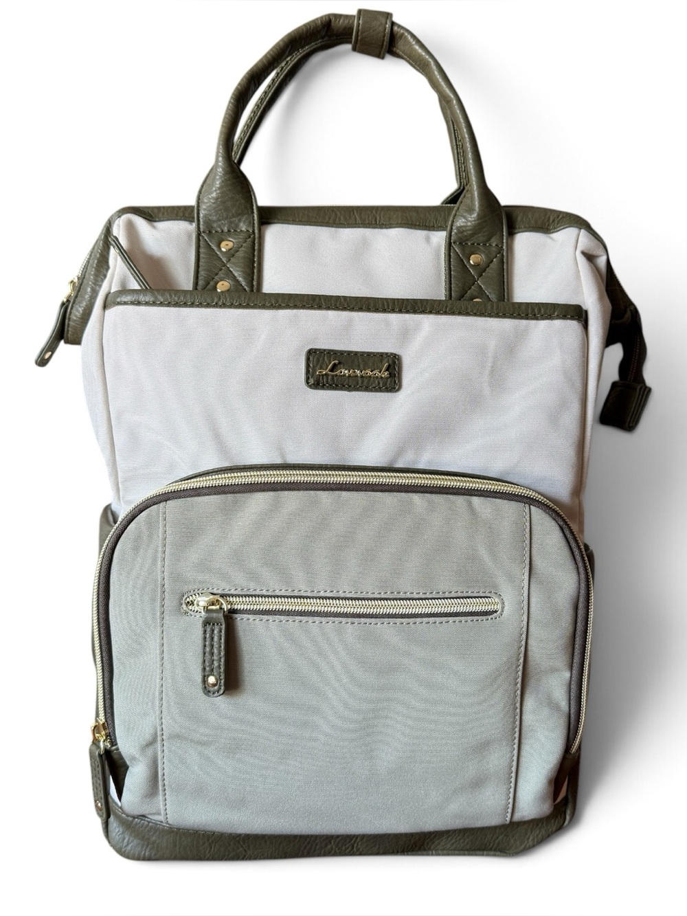 NWOT Lovevook 17” Green Cream Backpack Faux Leather Side Panels Gold Hardware